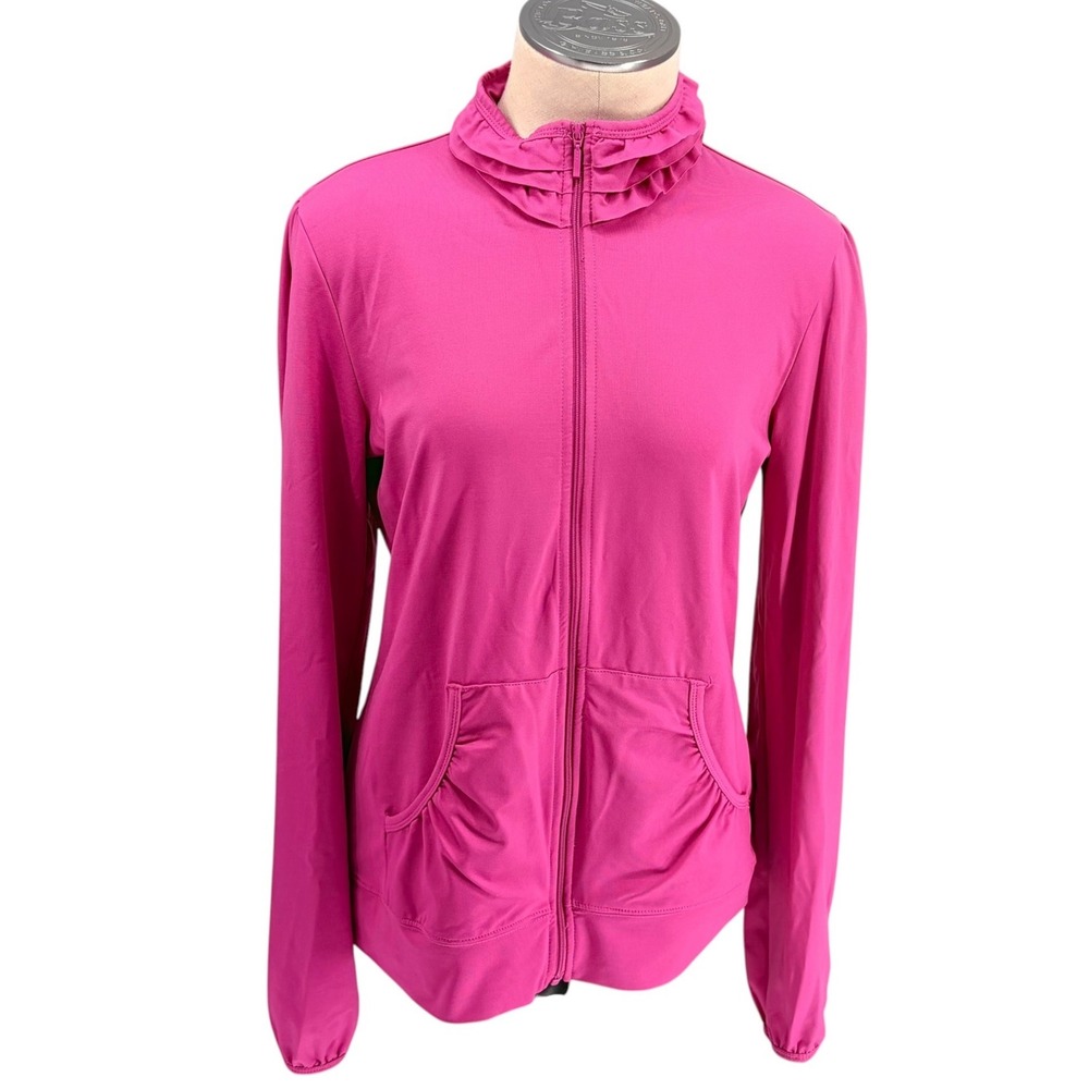Reebok Track Jacket Medium Pink Ruffle Neck Ruched Pockets Full Zip Activewear
